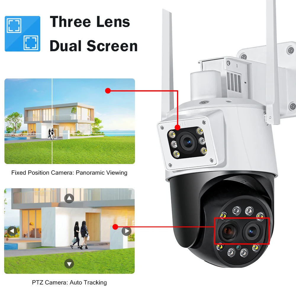 5K 12MP PTZ Wifi Camera 8X Digital Zoom Three Lens Dual Screen Wireless Outdoor Surveillance CCTV 4K 8MP IP For iCSee smart hom