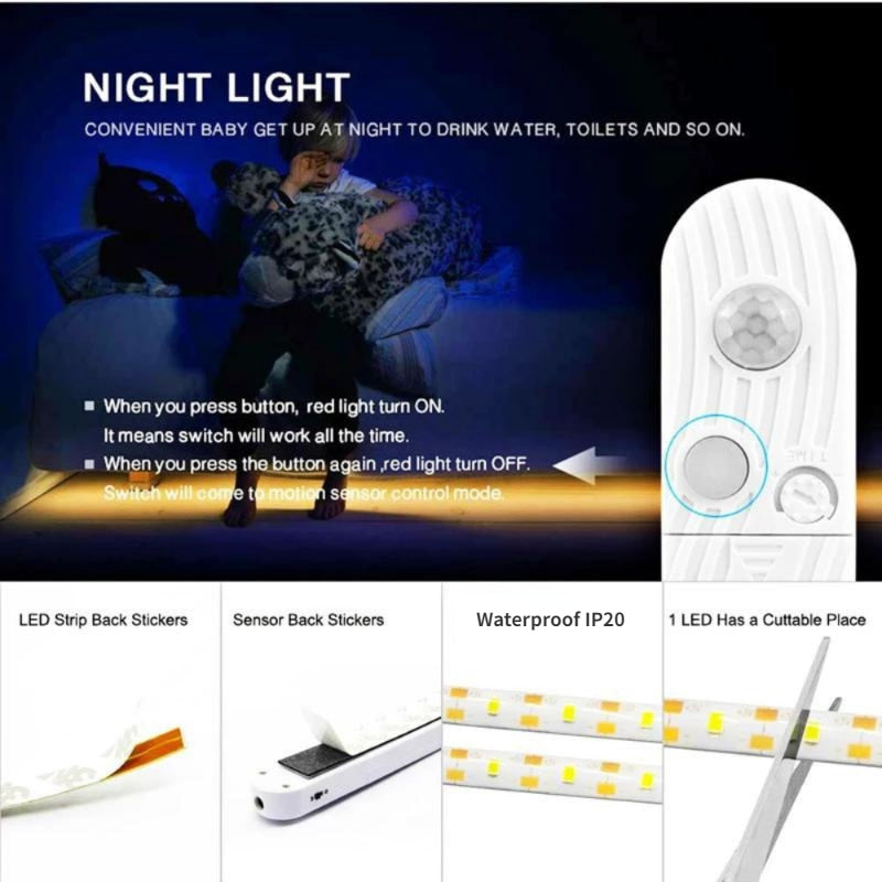 5M PIR Led Motion Sensor LED Strip Lamp 5V Led Under Cabinet Lamp Tape Ribbon Diode Light Battery Powered TV Backlight Lighting