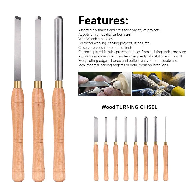 Wood Turning Chisel 1pc 8 Types Lathe Chisel Turning Tool Engraving Drill Bit with Wood Handle Woodworking Carving Knife Tools