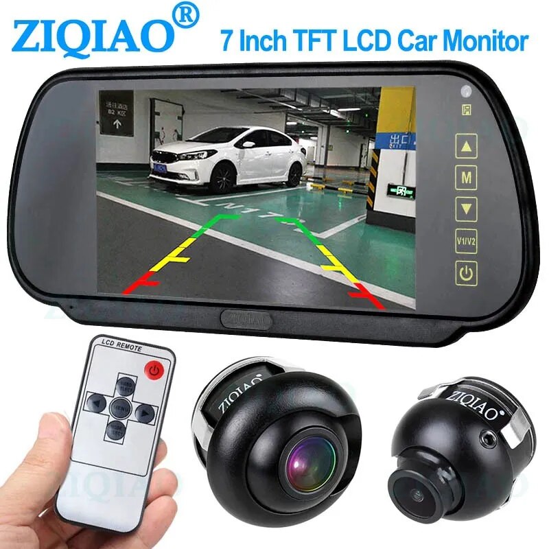 ZIQIAO 7 Inch LCD Car Mirror Monitor Parking Monitoring System with Night Vision HD Side Front Rear View Camera