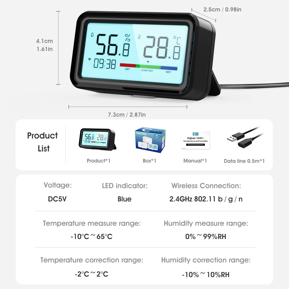 Tuya Smart Home WiFi Temperature Humidity Sensor Backlight Indoor Hygrometer Monitor Time Display Voice for Alexa Google Home