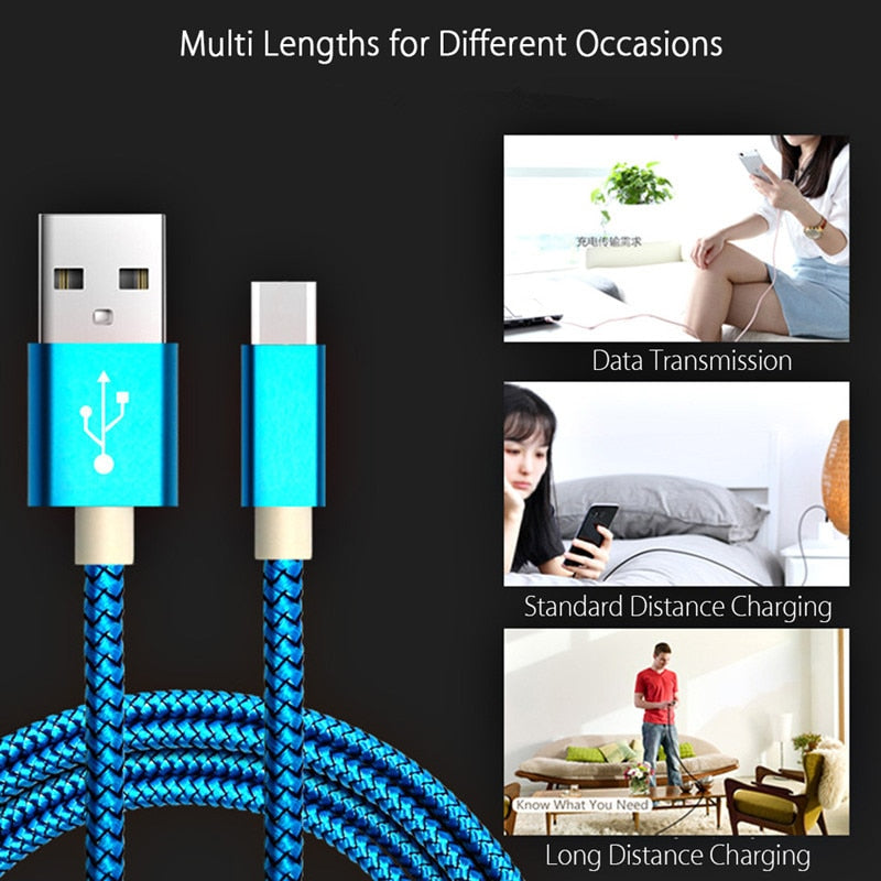 1/2/3Meter Type C USB Charger Cable 25cm Short Cabel Nylon Long Kabel for Xiaomi 9 Mix 4 Redmi Note 7 8 Pro Samsung Note 10 Plus