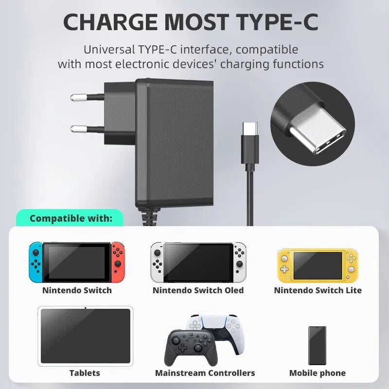 DATA FROG EU/US Plug AC Adapter Charger for Nintend Switch OLED Travel Home Charging USB Type C Power Supply for Nintend Switch