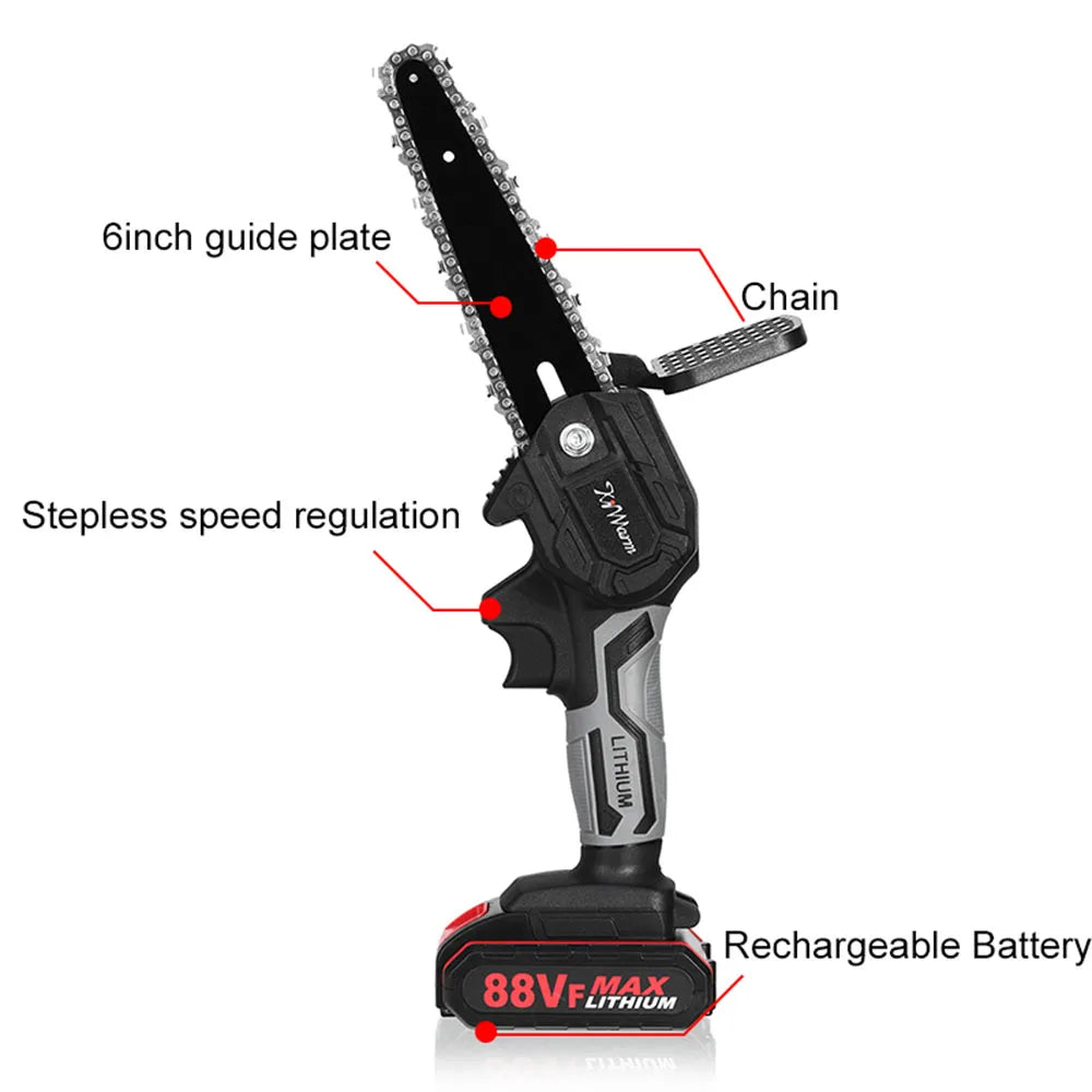 6 Inch Cordless Electric Chain Saw Rechargeable Two Battery Handheld Pruning Tool Wood Cutters Garden Power Chainsaw