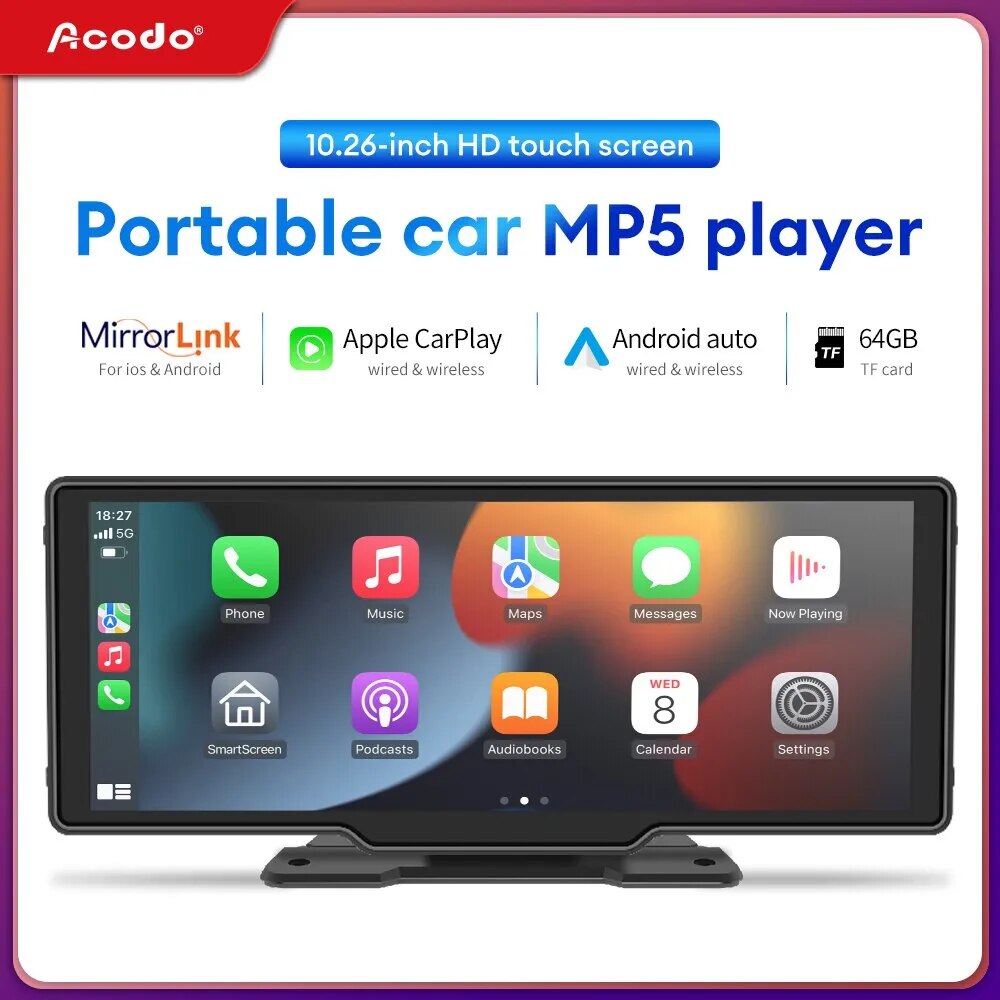 10.26inch Carplay MP5 Player Portable BT HD Touch Srceen Wireless Carplay Android Auto Car Radio Mirrorlink MP5 Video Stereo