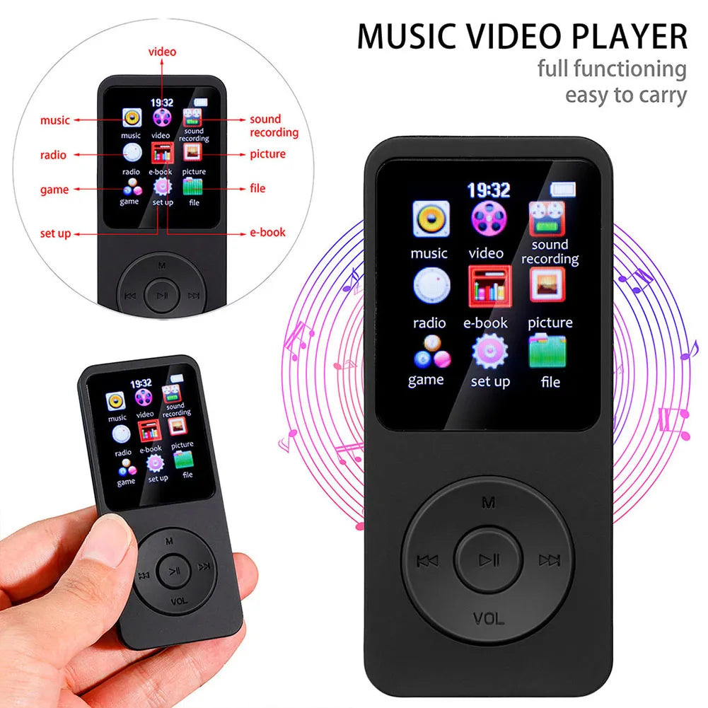 1.8 inch MP3 MP4 Music Player Push Button Bluetooth 5.0 Student Walkman Support 32GB Card Built-in Speaker FM Radio Alarm Clock