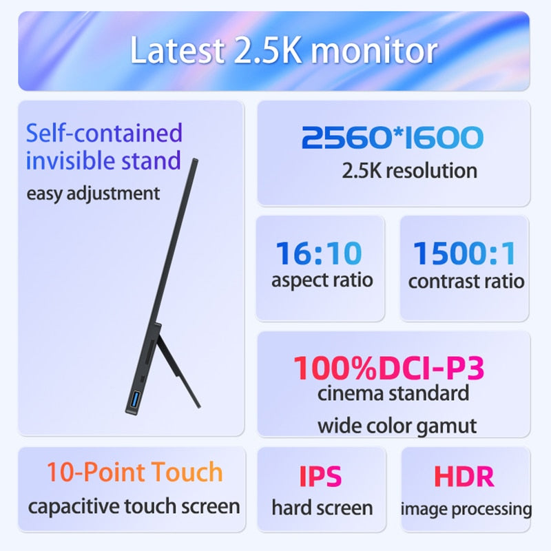 14 Inch 2.5K Portable Monitor 2560*1600 16:10 100%sRGB HDR 500Cd/m² Display Game Screen For Laptop Mac Phone Xbox PS4/5 Switch