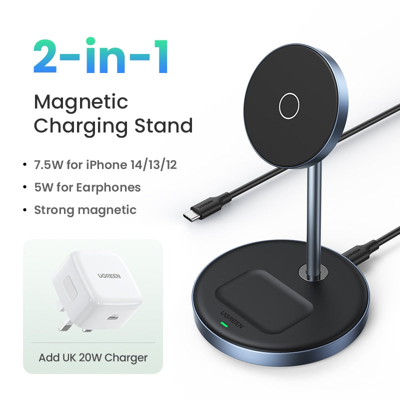 UGREEN Magnetic Wireless Charger Stand 20W Max Power 2-in-1 Charging Stand For iPhone 14 Pro Max/iPhone 13/AirPods Fast Charger