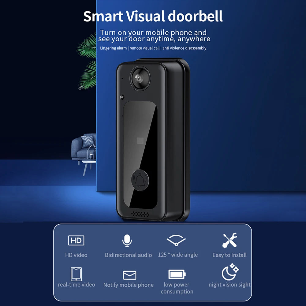 WiFi Doorbell Camera with 125° Wide Angle Visual Chime Smart Video Doorbell Video Night Vision Supports Cloud Storage SD Card