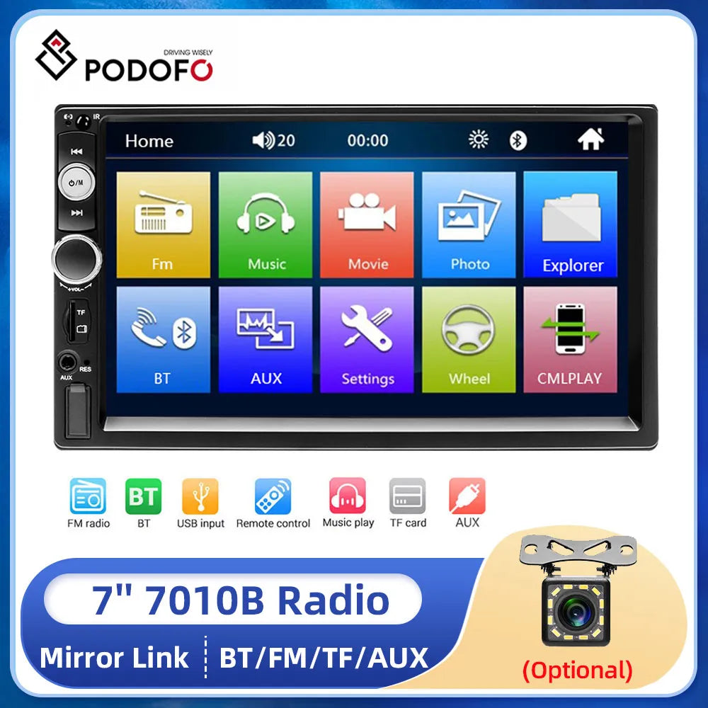 Podofo 2 Din Stereo Receiver Carplay Car Radio FM Audio Bluetooth 7" Autoradio MP5 Video Player For Universal VW Toyota Honda