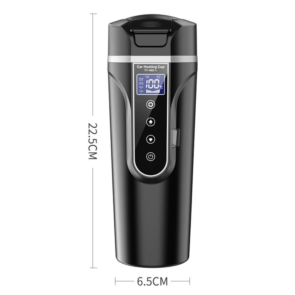 Car Heating Cup 450ML 12V/24V Electric Kettle 304 Stainless Steel Portable Heat Water Bottle Preservation LCD Display Warmer Mug