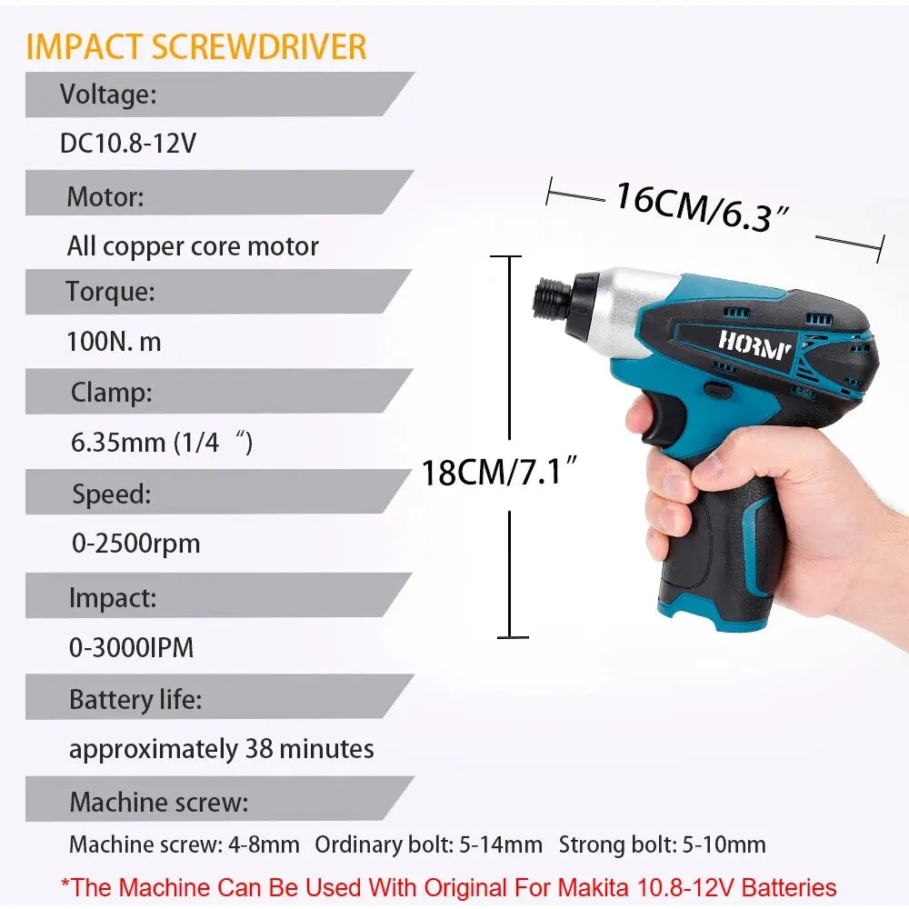 Compact 12V Electric Screwdriver 2500RPM 100N.m Cordless Impact Driver All-Copper Motor Compatible For Makita 10.8V Battery