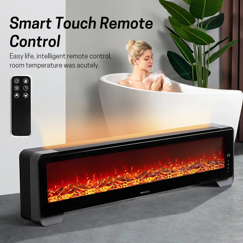 KINSCOTER Baseboard Heater Simulated Fireplace Lighting 2000W Electric Space Heater Floor Warmer Fan with Remote Control