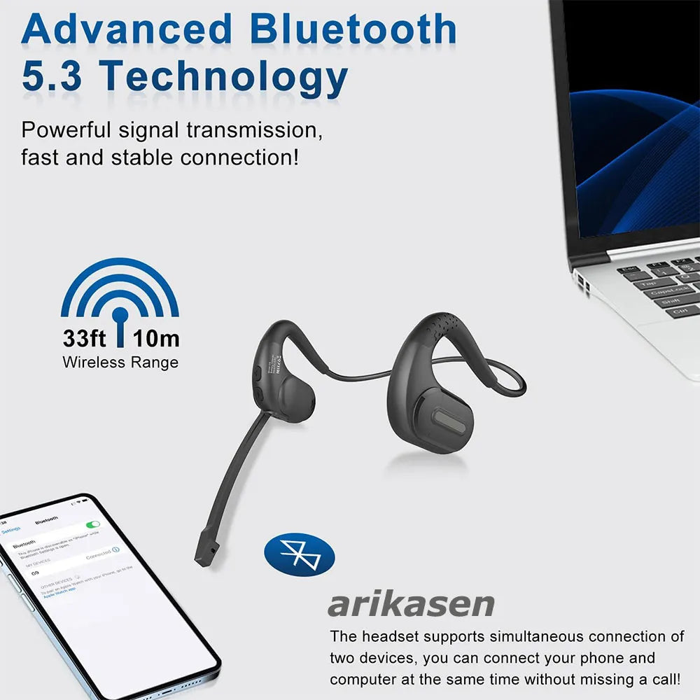 Trucker Bluetooth Headset Sports Wireless Headphones with Removeable Boom Microphone Mute Button Open Ear Bluetooth Earphones