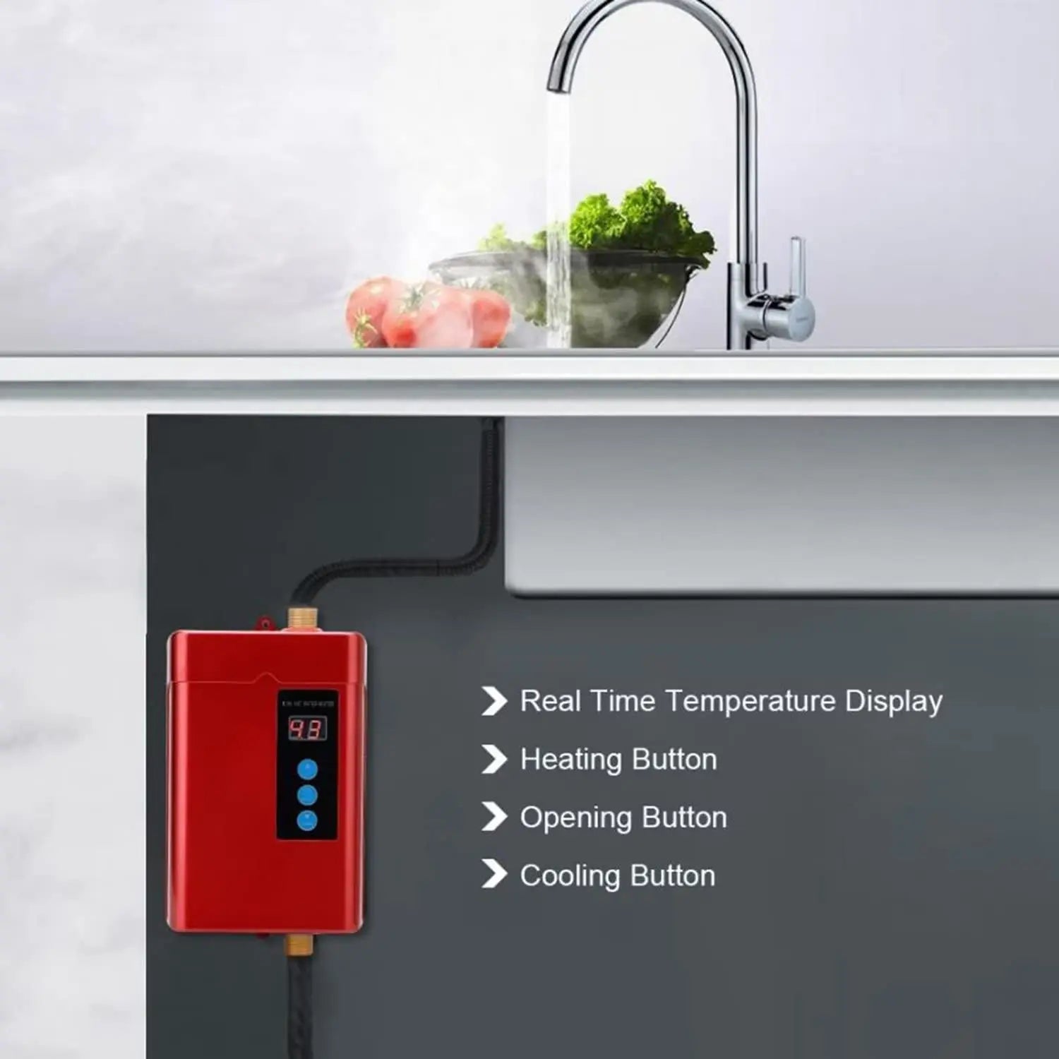 3800W Electric Water Heater Instantaneous Tankless Instant Hot Water Heater Kitchen Bathroom Shower Flow Water Boiler