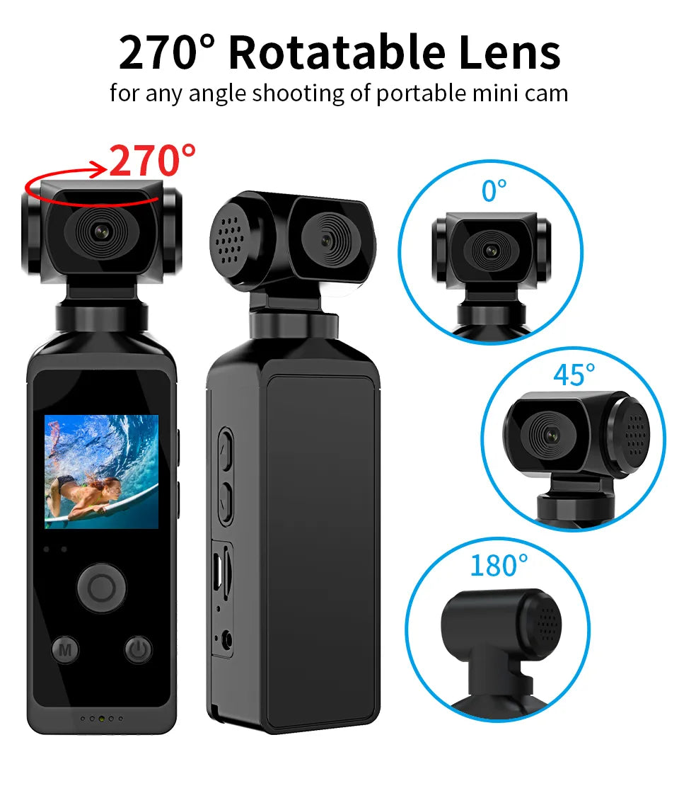 4K HD Pocket Action Camera 270° Rotatable Wifi Mini Sports Camera with Waterproof Case for Helmet Travel Bicycle Driver Recorder