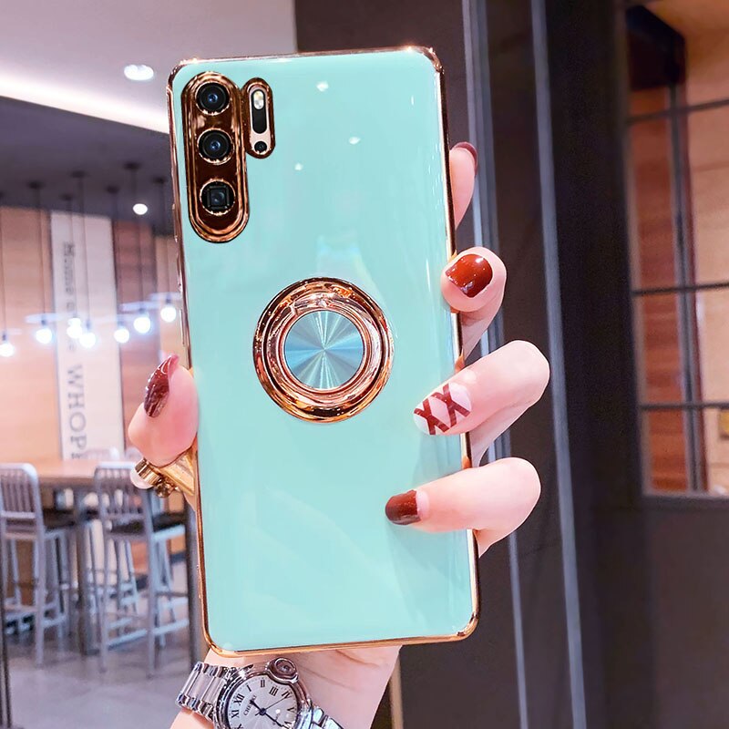 Luxury Plating Silicone Case For Huawei P30 Pro P20 Mate 20 P40 Honor 20 30 Pro Nova 5T Phone Soft Magnet Cover With Ring Holder