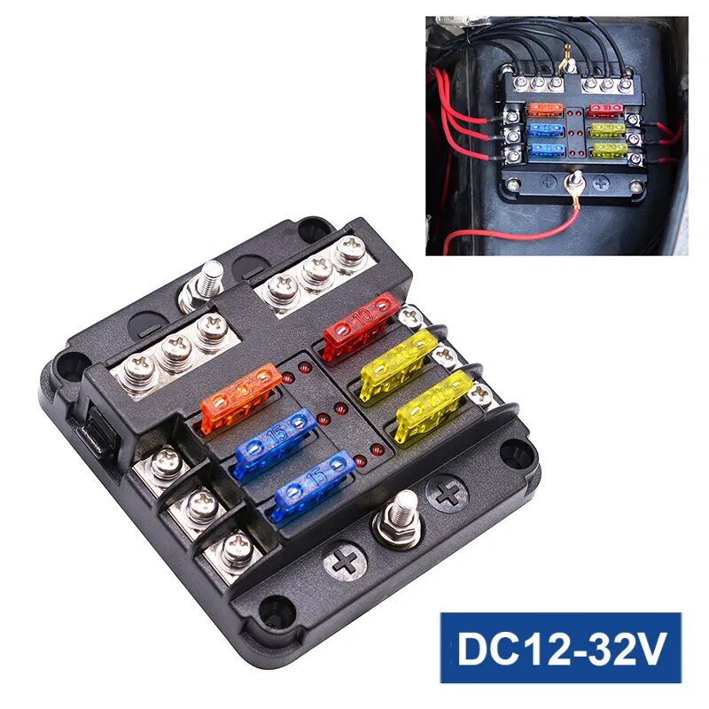 12V 32V Power Distribution Panel LED Warning Indicator Car Boat Fuse Box Holder With Plastic Cover