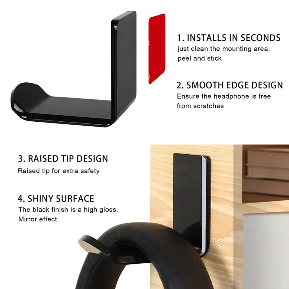Headphone Holder Stand Adhesive Wall Mounted Headset Hanger Wall Hook Under Desk Computer PC Monitor Earphone Display
