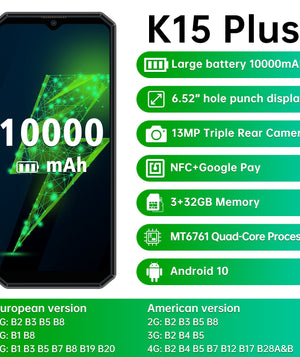 OUKITEL K15 Plus 10000mAh 6.52'' Display Android 10.0 Smartphone  4GB+32GB 13MP Triple Rear Cameras NFC Mobile Phone