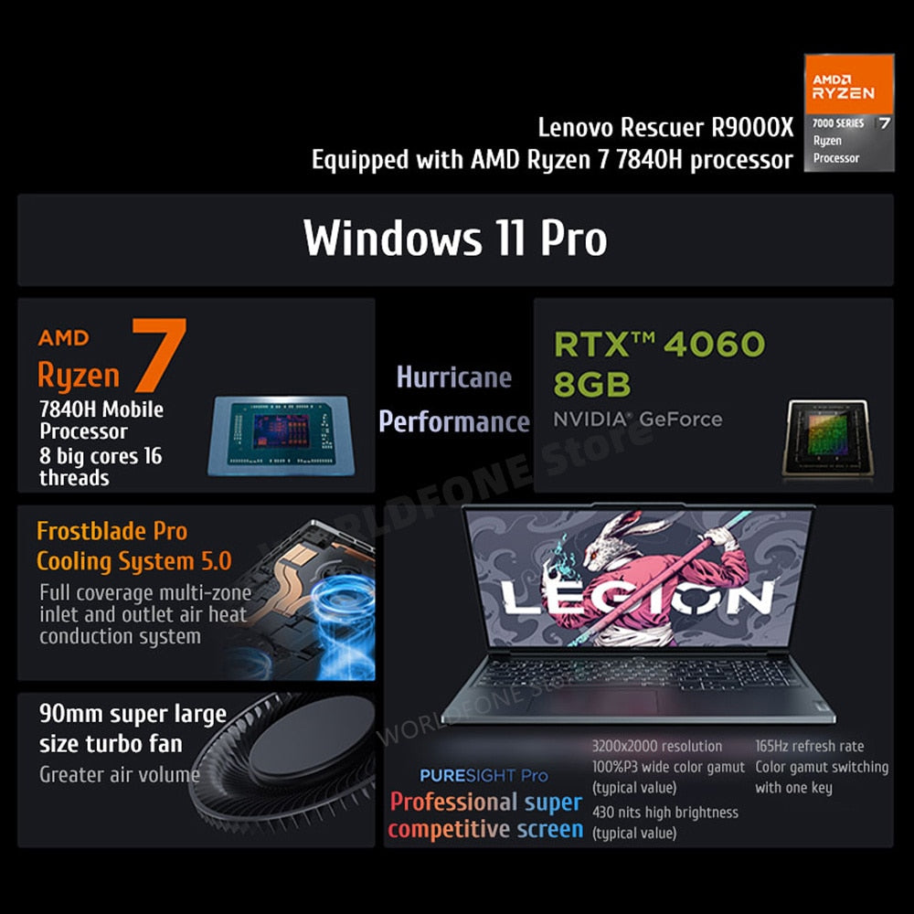 Lenovo Legion R9000X Esports Gaming Laptop AMD R7 7840H RTX 4060 16GB/32GB RAM 1T/2T SSD 16-inch 430Nits 165Hz 2023 Notebook PC