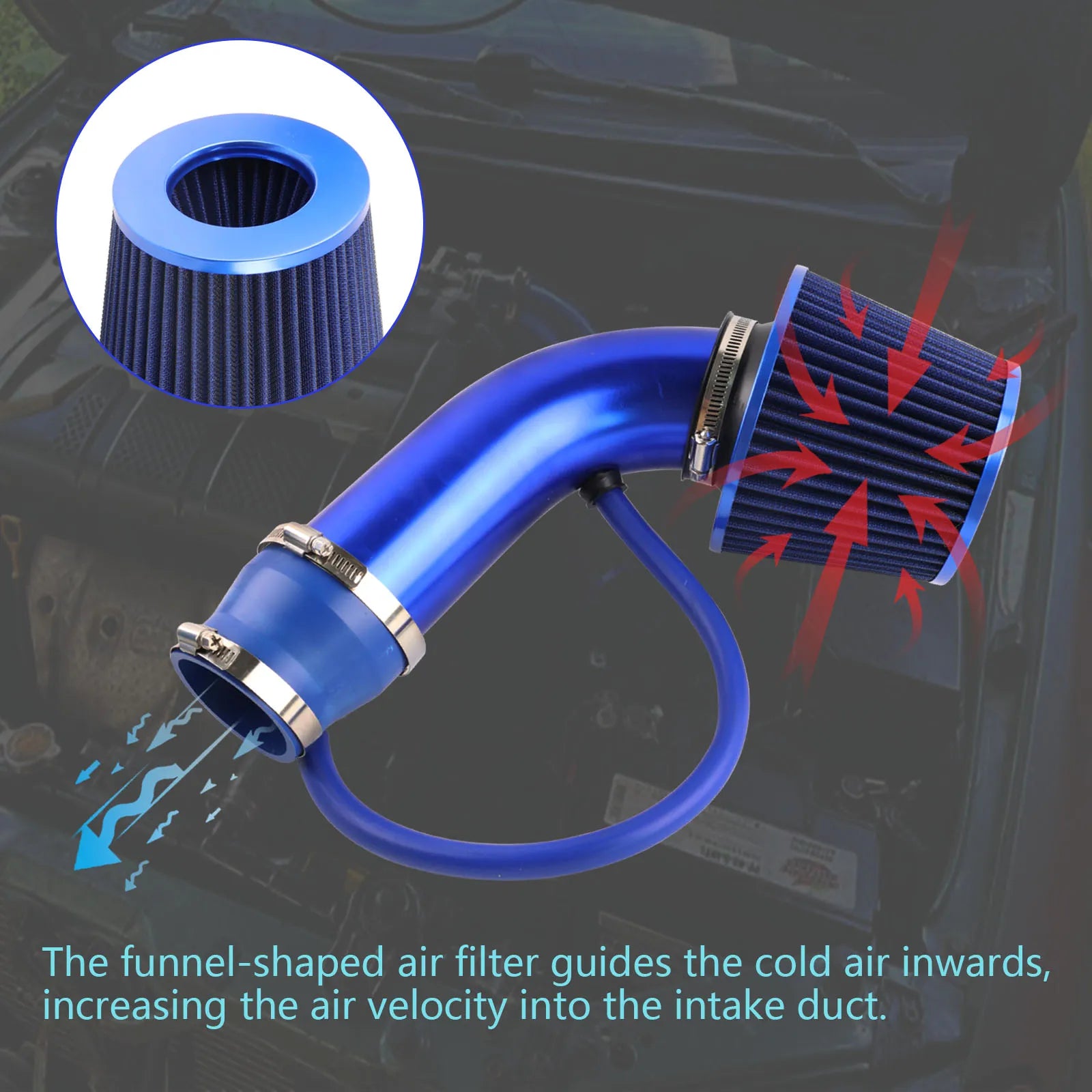 Universal 76mm Car Racing Cold Air Intake System Turbo Induction Pipe Tube Kit Aluminum With Cone Air Filter Inlet