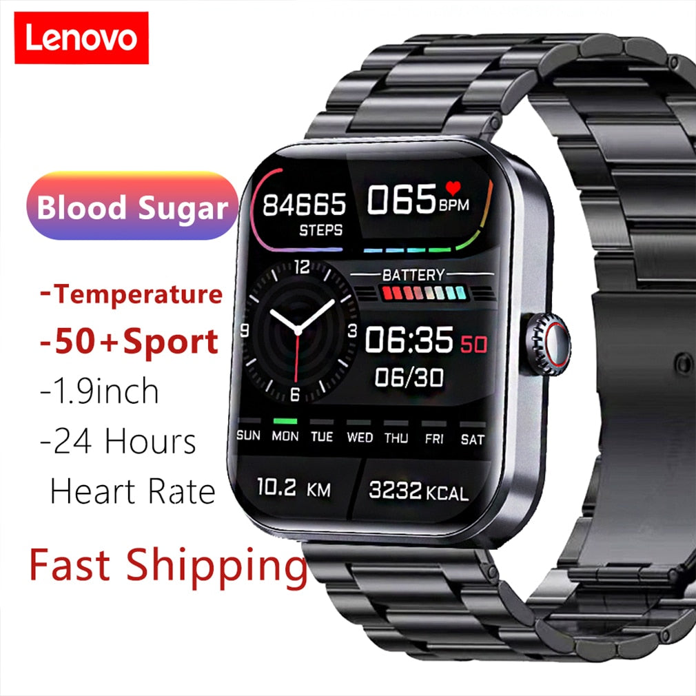 Lenovo New Blood Glucose Sugar Oxygen Pressure SmartWatch 1.9Inch Screen Sport Smartwatch Heart Rate Fitness Tracker Women Watch