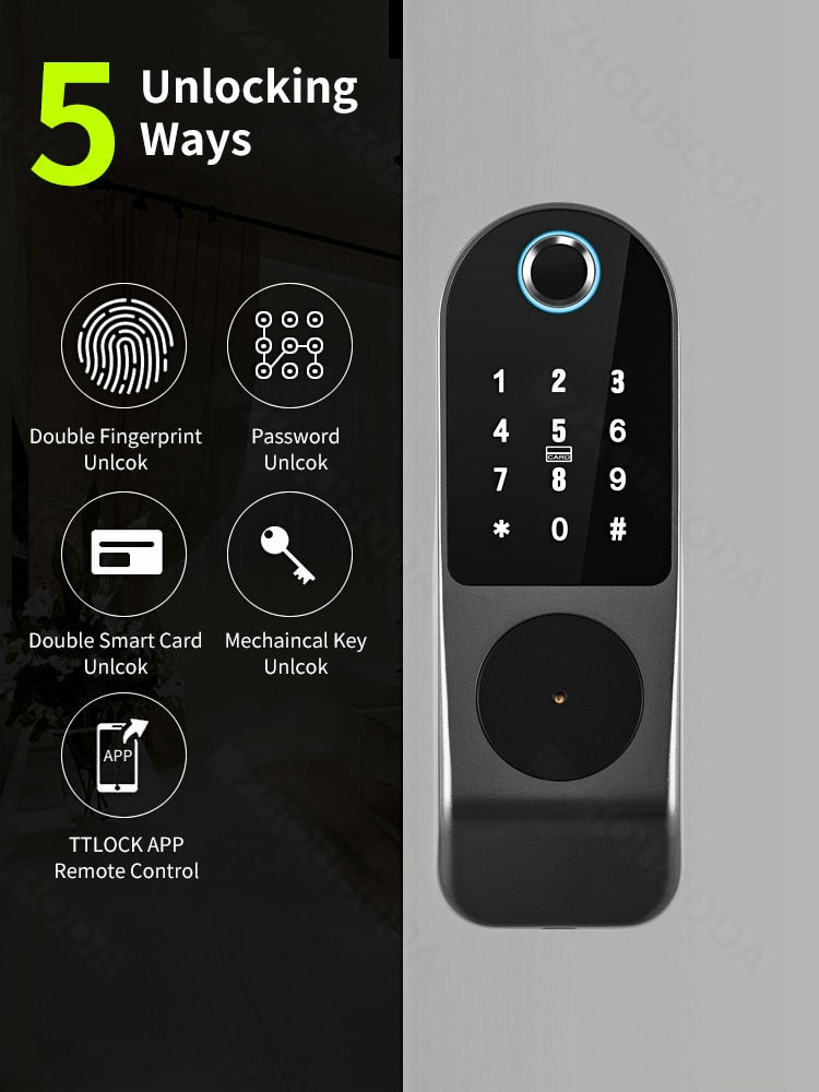 Tuya Wifi Smart Door Lock APP Remote Control TTlock Bluetooth Fingerprint Biometric Digital Passcode Card Rim Electronic Lock