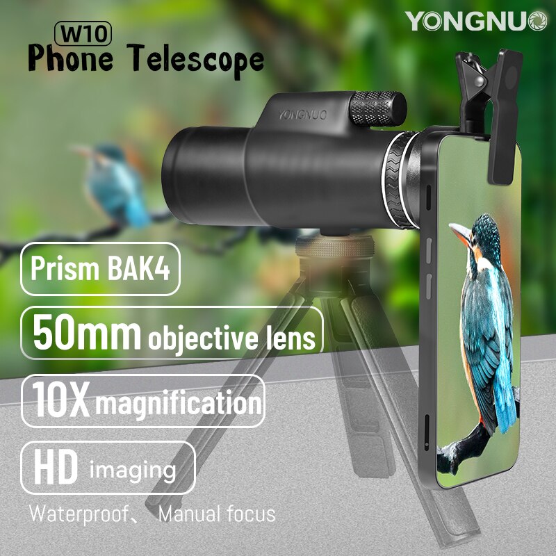 Yongnuo W10 10X Mobile Phone Lens Outdoor Mobile Phone External Telescope Lens with Clip For Smartphones iPhone Xiaomi Huawei