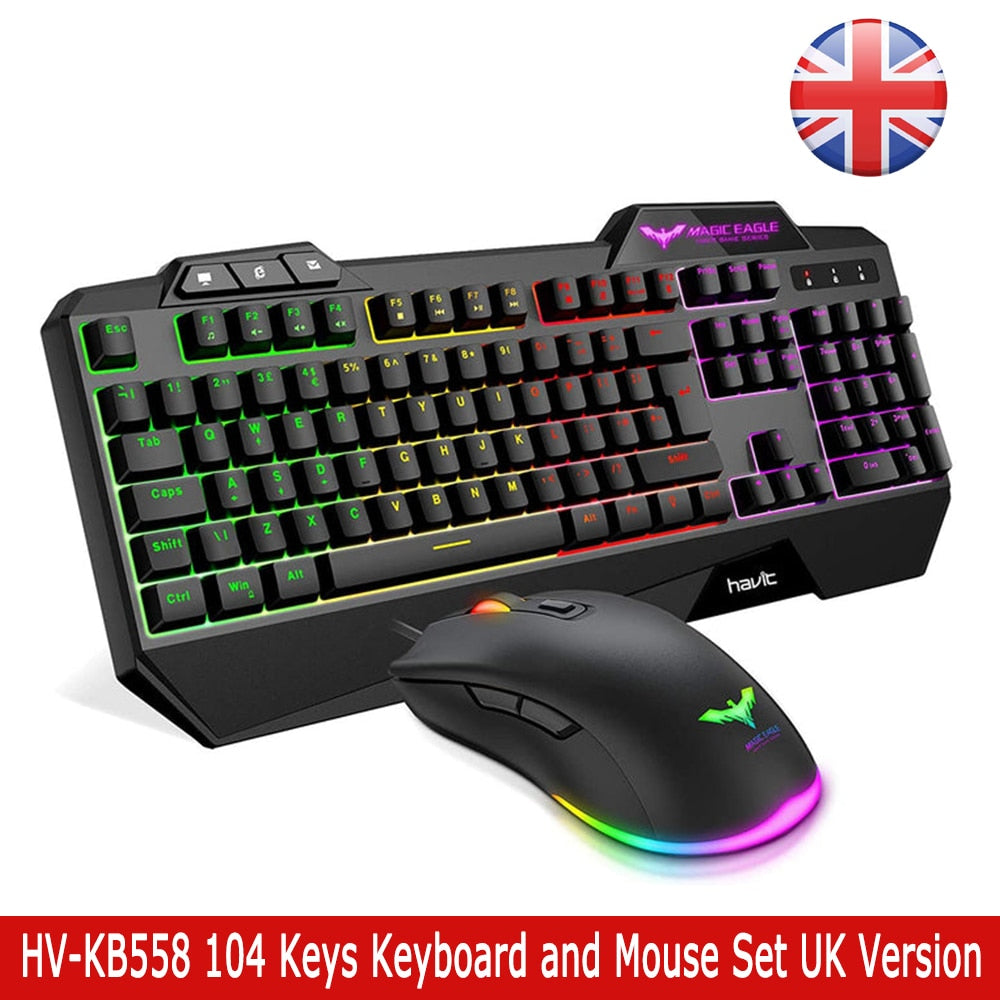 HAVIT KB558 Wired Gaming Keyboard Mouse Kit RGB Backlight 104 Keys with Wrist Rest US UK German Layout Keyboard For PC Laptop