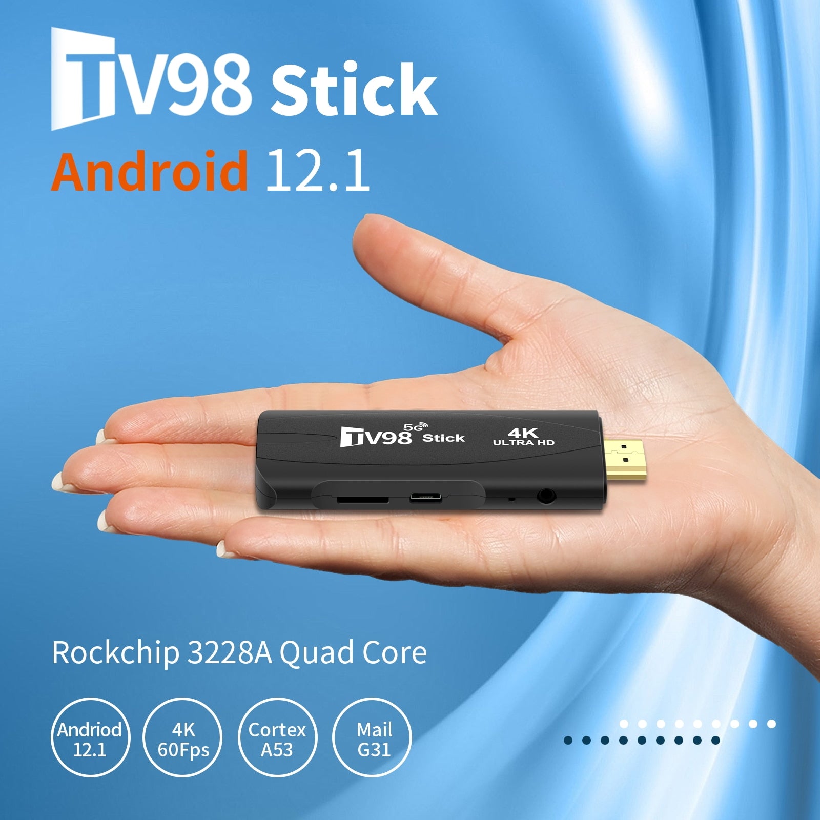 TV98 RK3228A Android OS Smart TV Stick HDR10+ 4K 2.4/5.8G WiFi 6 Dual Frequency TV Box Android 7.1 2G+16G Portable Media Player