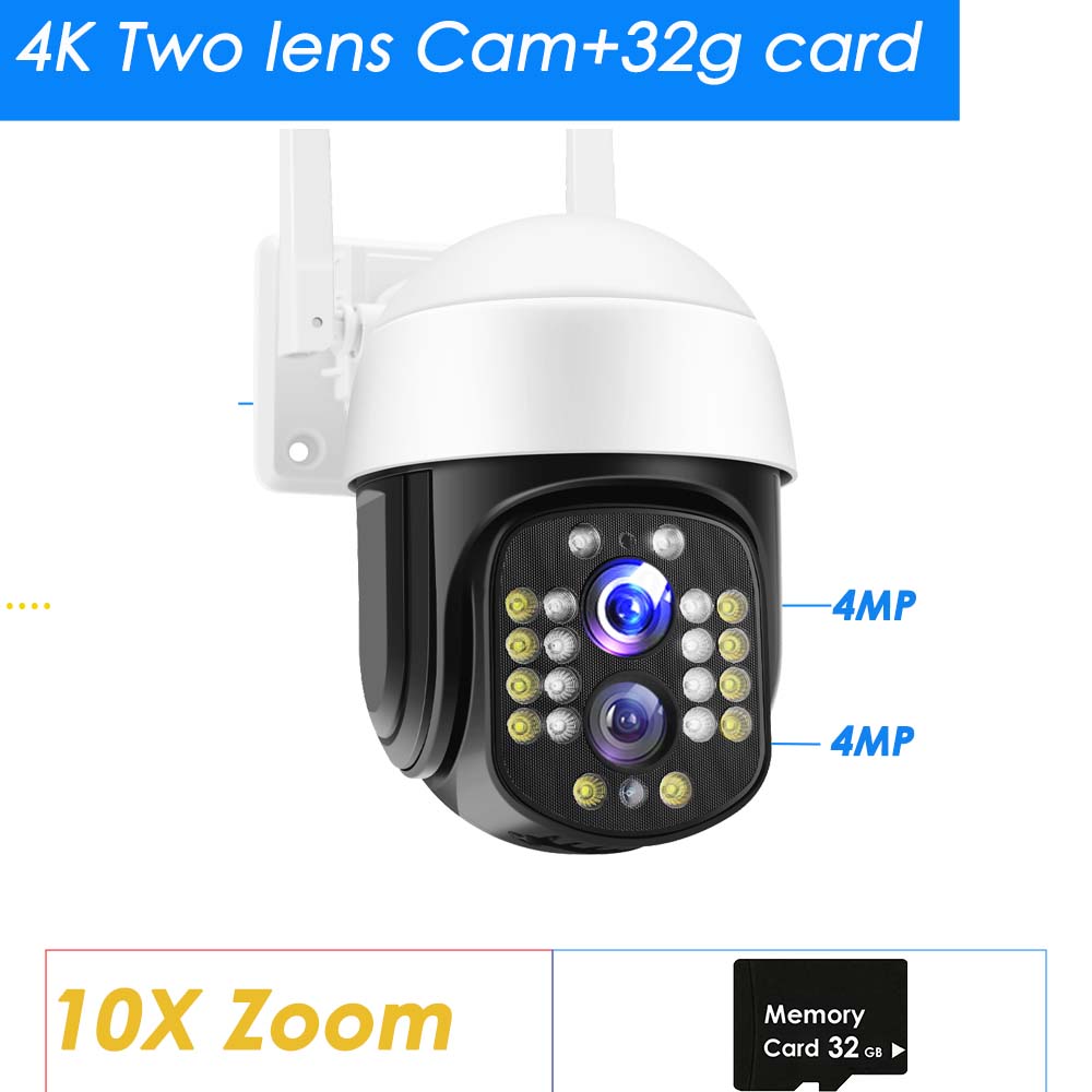 16MP 8K WiFi IP Camera 10X Zoom 4K Outdoor Security Camera Surveillance AI Track Four Lens Three Screen Mini Street Camera 360°