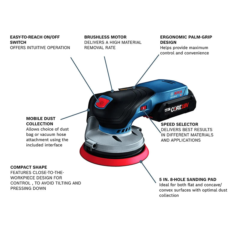 Bosch GEX18V-5N 18V Brushless 5 In. Random Orbit Sander Bare Tool Mobile Dust Collection