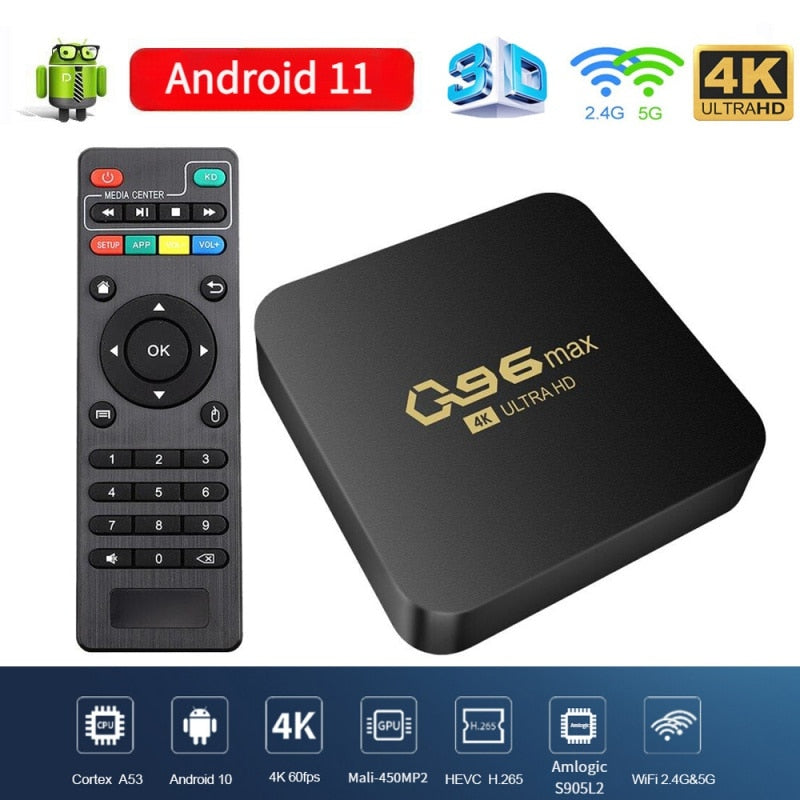 Q96 Max tv box Android 11 Amlogic S905 5G Quad Core 64 bit 4K 3D UHD smart tv Media Player H. 265 iptv space netflix projectors