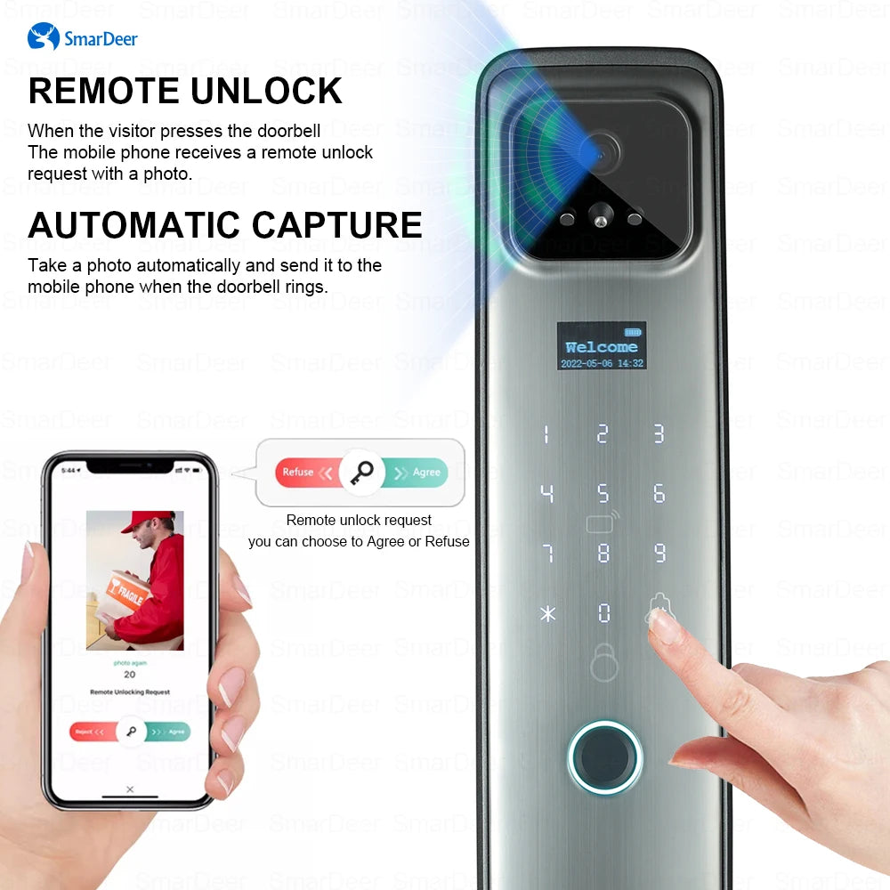 SmarDeer Face Recognition Electronic Lock with wifi,Fingerprint Lock with visual Doorbell,Smart lock with video surveillance