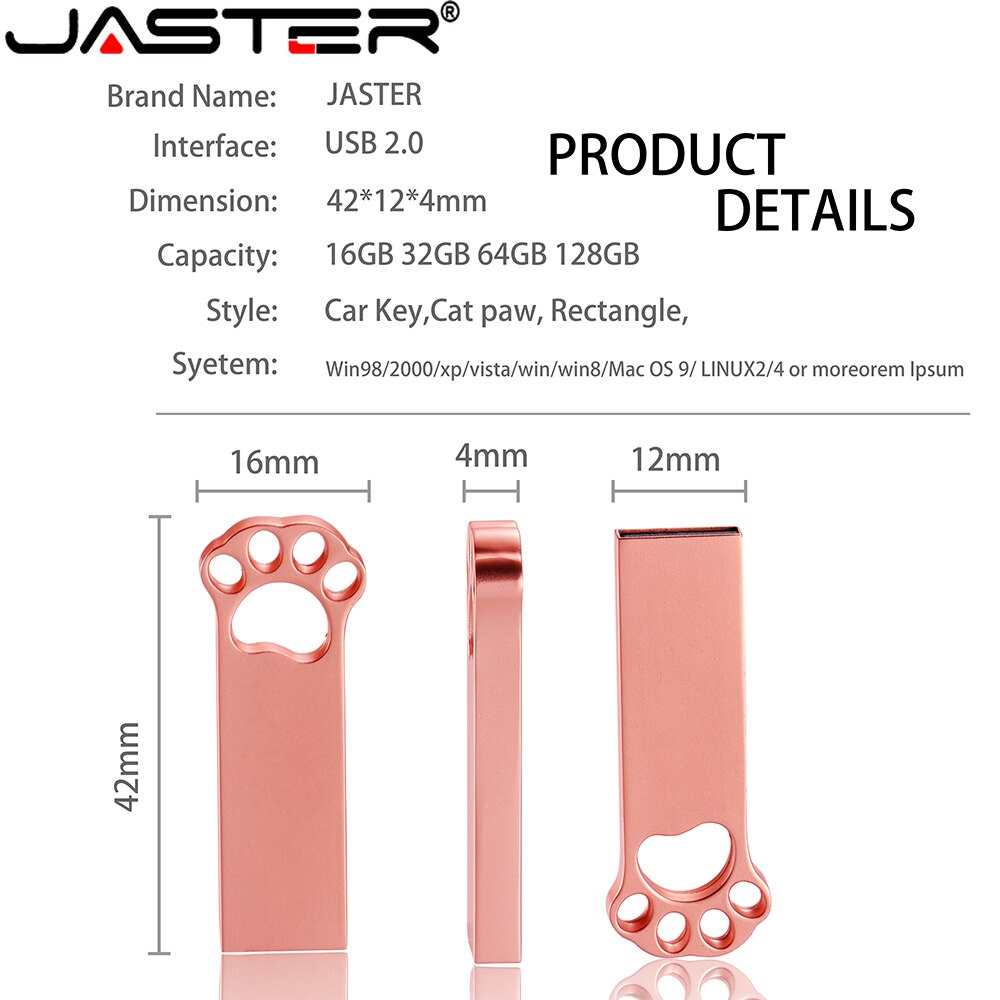 JASTER Metal cat claw USB 2.0 Flash Drive 64GB 32GB High speed Pen drive 16GB Memory stick Free custom logo Creative gift U disk