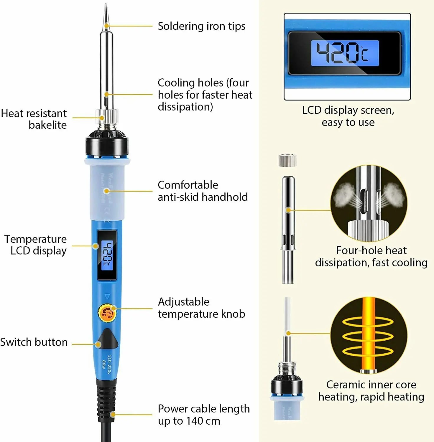 80W Soldering Iron Soldering Kit Temperature Adjustable Welding Tool ON-Off Switch Station Tin Wire Soldering stand