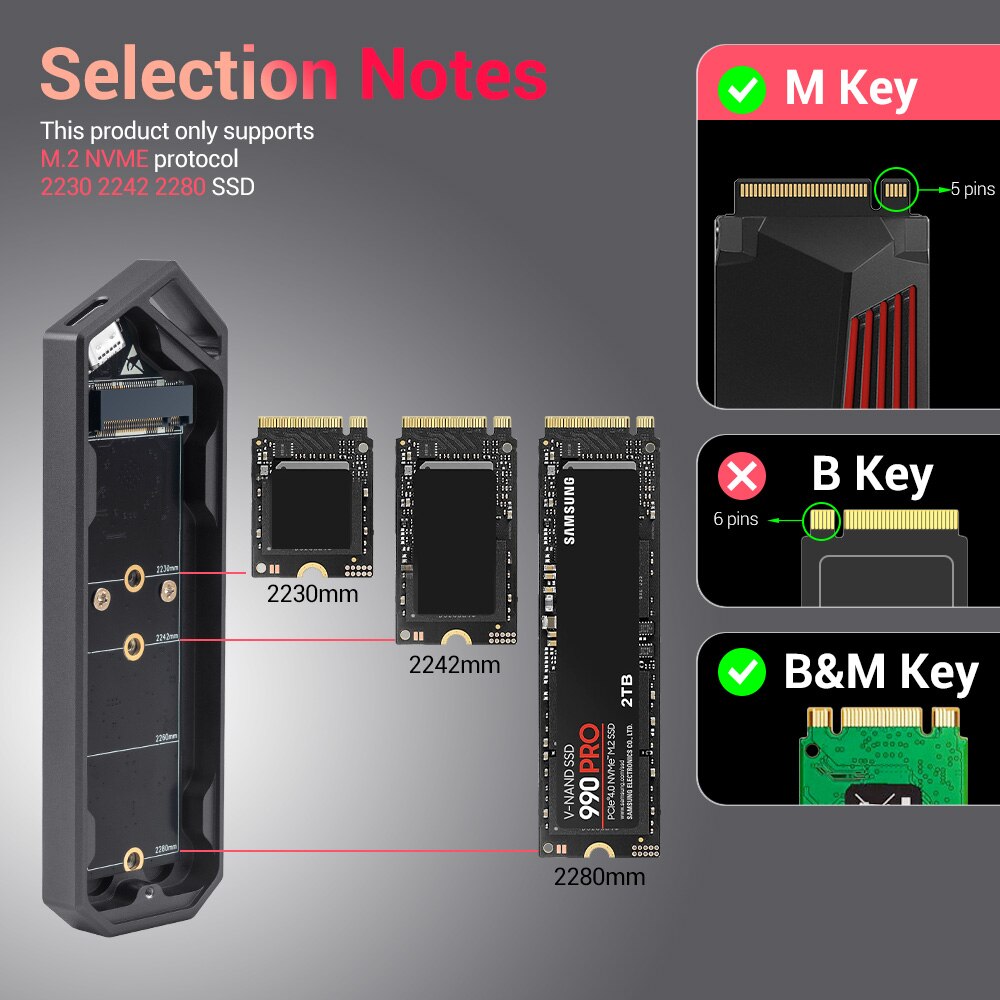 UnionSine M.2 SSD Enclosure NVMe 10Gbps PCIe SSD Box for NVME PCIE SSD Disk Box NVMe M Key Solid State Drive Case Support UASP