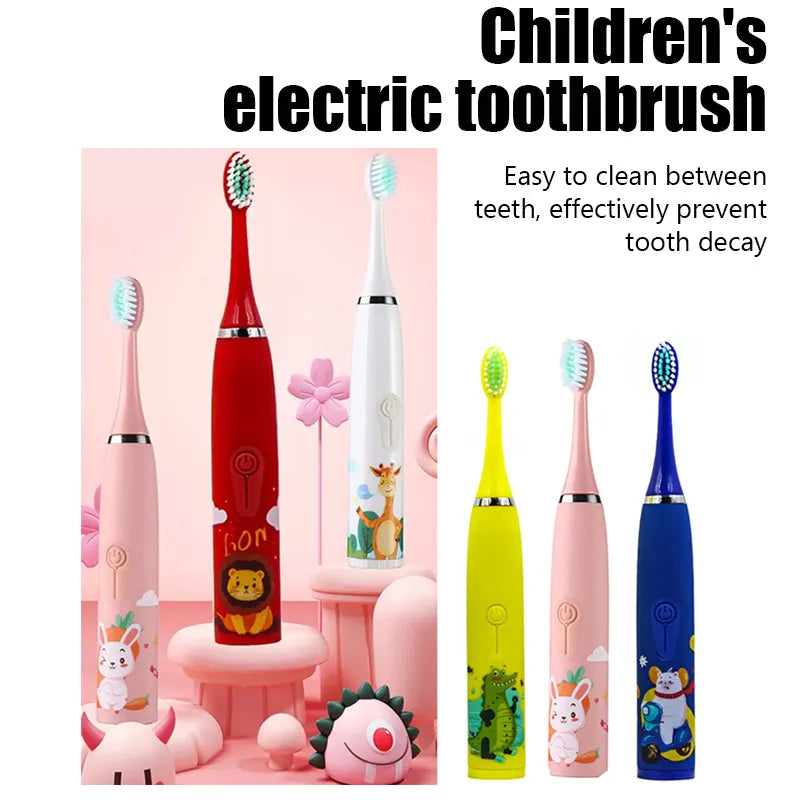 Children's Cartoon Colorful Electric Toothbrush 12Pcs Replacement Heads Ultrasonic Rechargeable Soft Hair Cleaning Brush for Kid