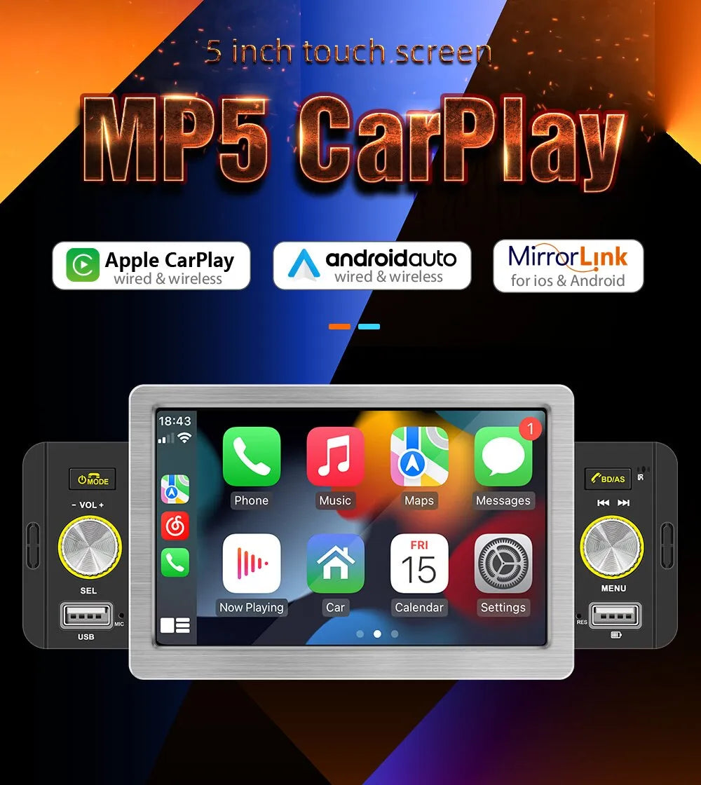 158W 1Din Car Radio CarPlay Android Auto 5Inch MP5 Player Bluetooth Hands Free A2DP USB FM Receiver Audio System