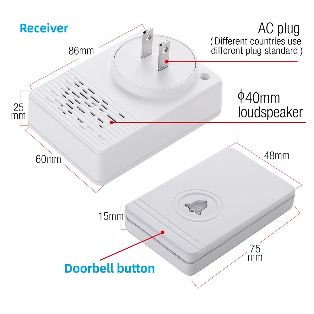 Outdoor Wireless Doorbell 1300ft/396m Security Alarm Welcome Chime Bell Kit 48 Ringtones 97db IP66 Waterproof Door Bell