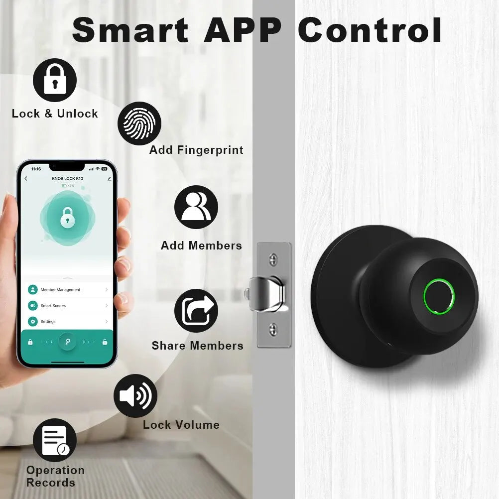 Smart Door Knob, Fingerprint Door Lock Smart Lock Biometric Door Lock Fingerprint Door Knob With App For Home Bedroom