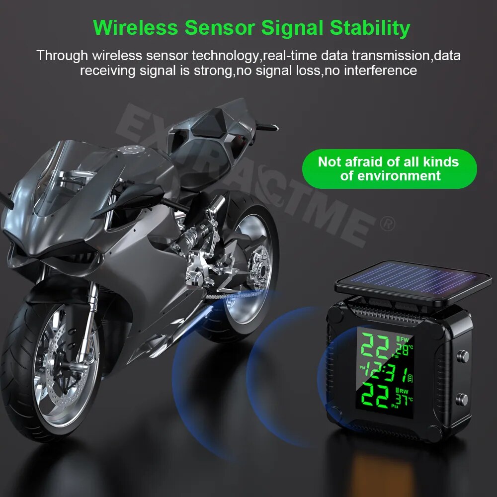 Extractme Tire Pressure Monitoring System Colorful Display Wireless TPMS Motorcycle Solar Charge Tyre Temperature Alarm Sensor