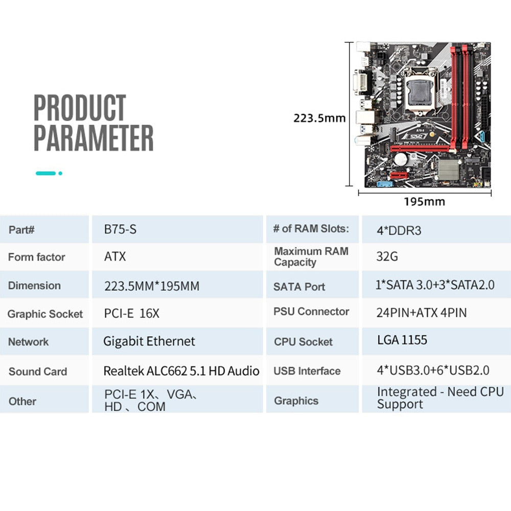 SZMZ B75-S LGA 1155 Motherboard Set Intel NVME M.2 SSD Support 4*DDR3 PC Memory Dual Channels USB3.0 SATA3.0 Interface