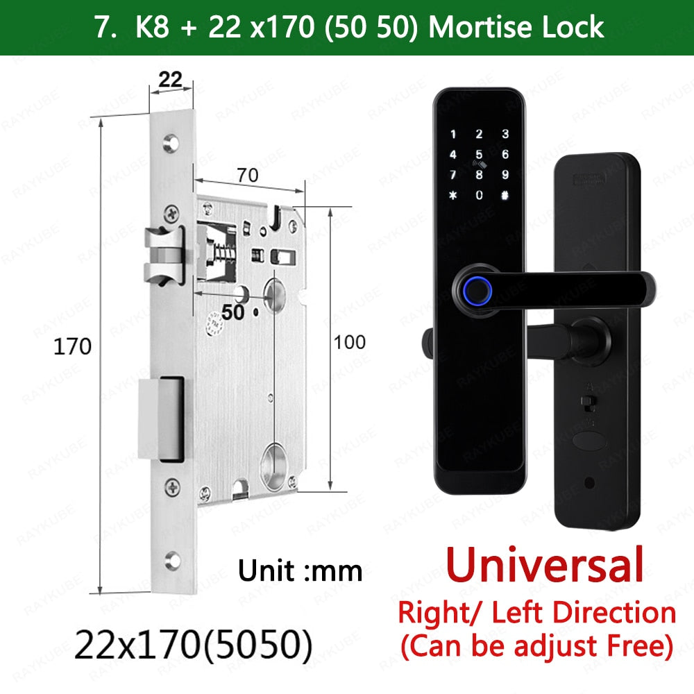 2023 NEW RAYKUBE K8 Tuya Wifi Smart Door Lock TT Lock Fingerprint Lock Digital Electric Lock With Longer Larger Handle Panels