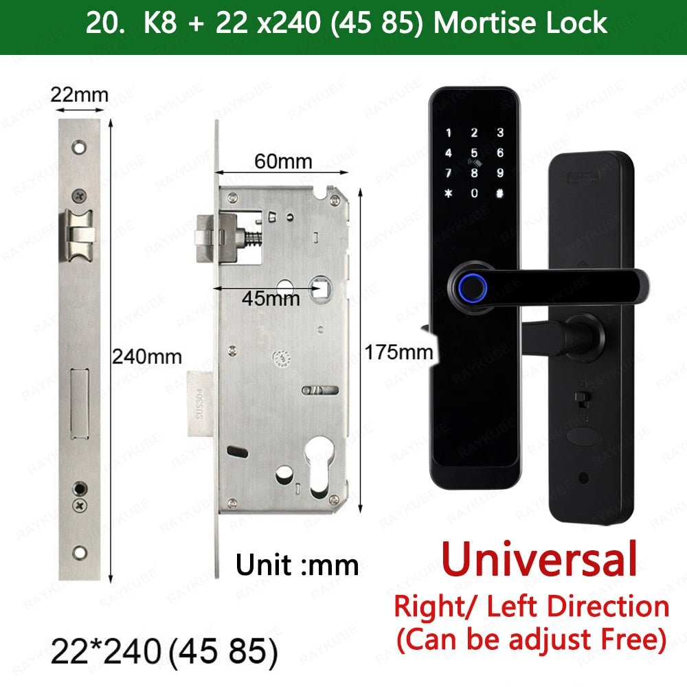 2023 NEW RAYKUBE K8 Tuya Wifi Smart Door Lock TT Lock Fingerprint Lock Digital Electric Lock With Longer Larger Handle Panels