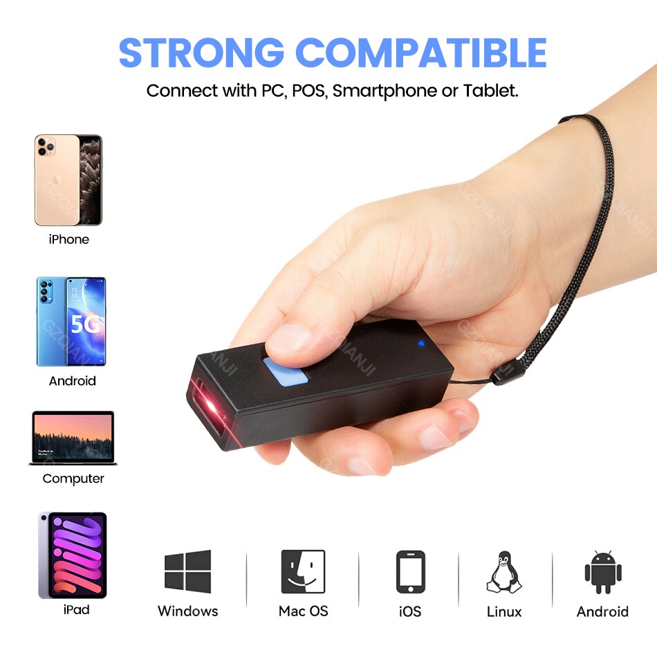 GZQIANJI Mini Bluetooth Barcode Scanner USB Wired Bluetooth 2.4G Wireless 1D 2D QR PDF417 Bar code for iPad Phone Android Tablet