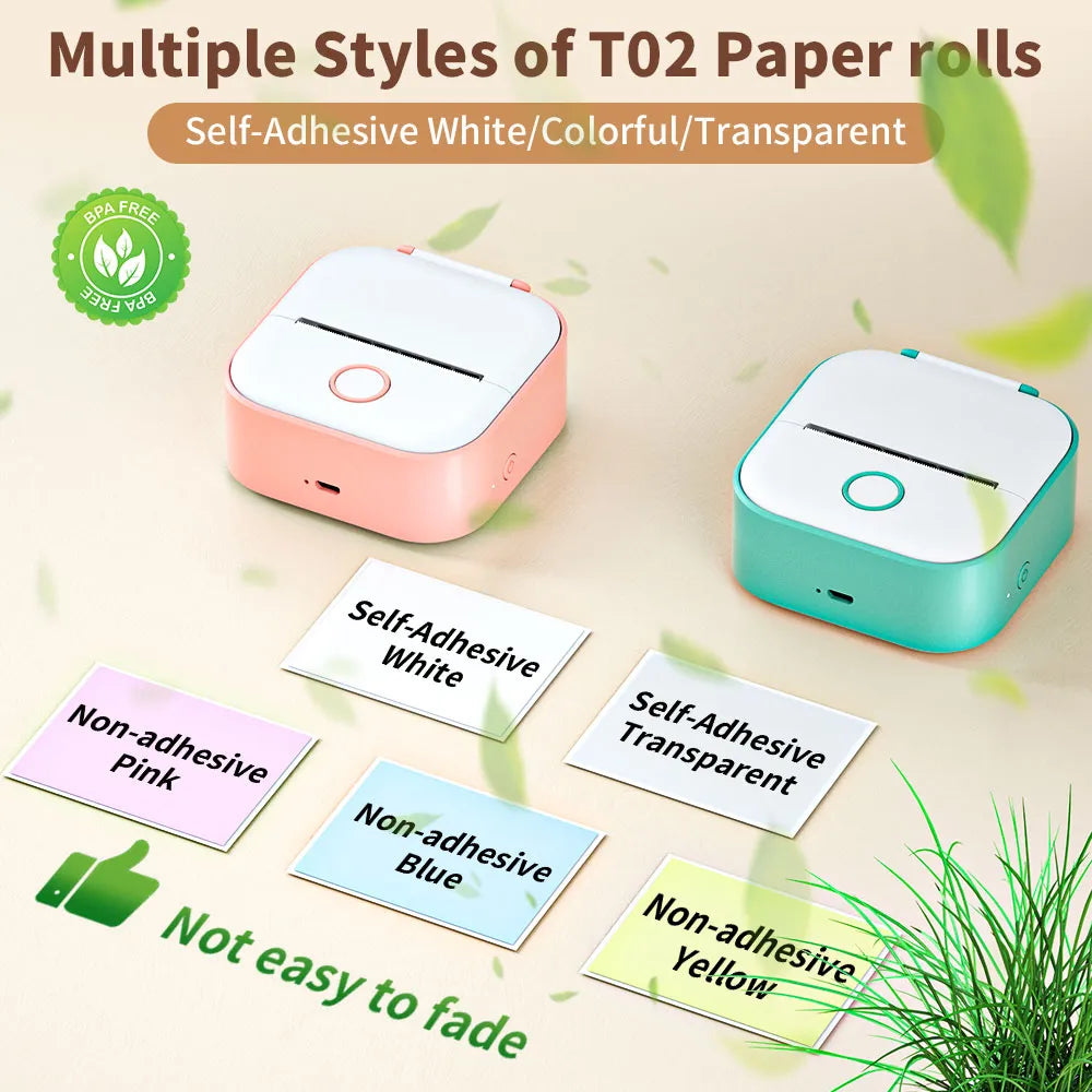 Phomemo T02 Mini Printer Portable Printer Thermal Printing Sticker Wireless Inkless Pocket Printer Self-adhesive Label Printer