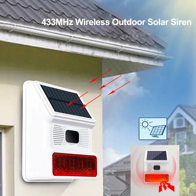 Wireless Solar Alarm Siren Outdoor Sound Light Flash Alarm Horn Work With 433MHZ Remote Control door Sensor Infrared Detector
