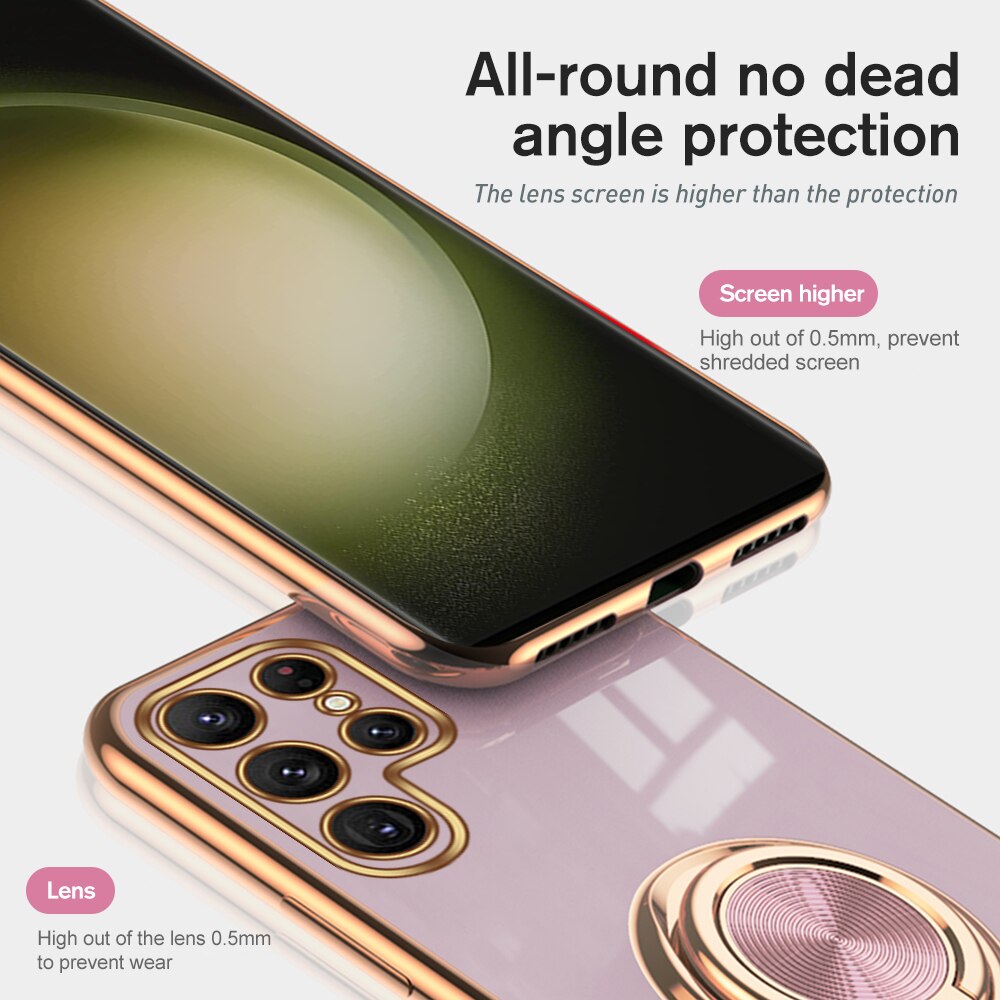 Luxury Plated Frame TPU Soft Cover For Samsung Galaxy S23 Ultra S 23 Plus SamsungS23 Case Magnetic Holder Ring Shockproof Coque